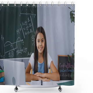 Personality  Cheerful Kid Sitting At Desk With Laptop And Looking At Camera Shower Curtains