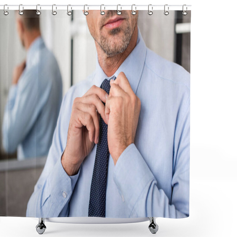 Personality  Partial View Of Businessman Tying Necktie In Bathroom  Shower Curtains