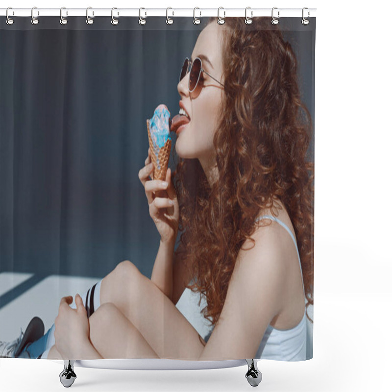 Personality  Girl In Sunglasses Eating Ice Cream Shower Curtains