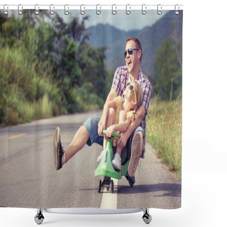 Personality  Father And Daughter Playing On The Road. Shower Curtains