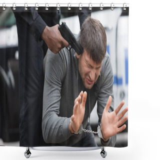 Personality  African American Policeman Aiming With Pistol At Scared Offender On Blurred Background Outdoors Shower Curtains