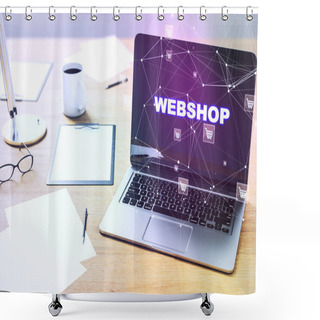 Personality  Close Up Of Office Desktop With Laptop, Creative Webshop Inscription On Screen, Coffee Cup And Other Items. Online Shopping, E-commerce, Internet Purchases Concept. 3D Rendering Shower Curtains