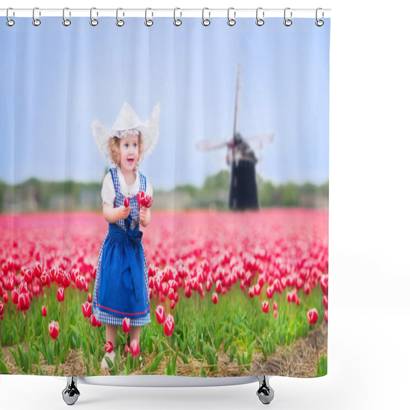 Personality  Little girl in a national Dutch costume in tulips field with windmill shower curtains