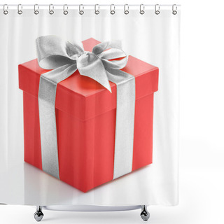 Personality  Single Red Gift Box With Gold Ribbon On White Background. Shower Curtains