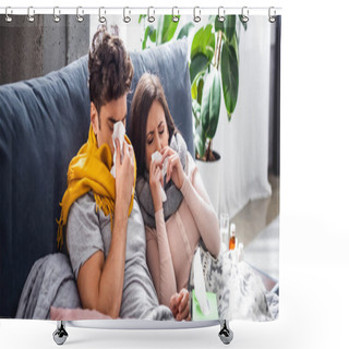 Personality  Panoramic Shot Of Sick Girlfriend And Boyfriend Sneezing And Holding Napkins Shower Curtains