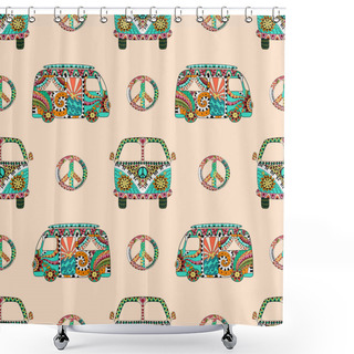 Personality  Seamless Pattern With Colorful Hippie Camper Bus And Symbol Peacel In Zentangle Style. Shower Curtains