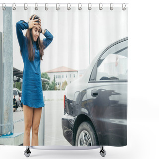 Personality  Sad Woman Standing Near Car With Scratch Shower Curtains
