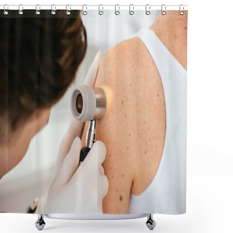 Personality  Cropped View Of Dermatologist In Latex Gloves Holding Dermatoscope While Examining Patient With Skin Disease   Shower Curtains