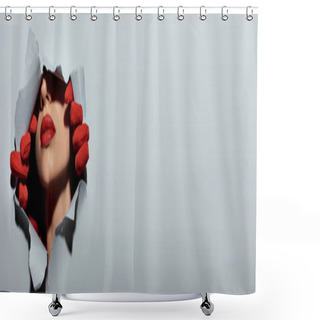 Personality  Cropped Banner Of Young Woman With Red Lips In Gloves Ripping Grey Background And Making A Hole Shower Curtains