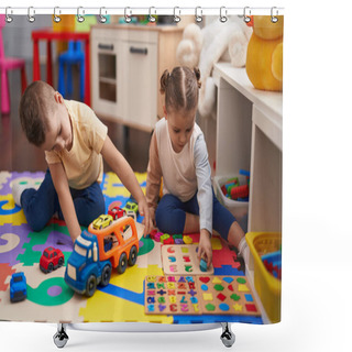 Personality  Two Kids Playing With Cars Toy And Maths Game Sitting On Floor At Kindergarten Shower Curtains