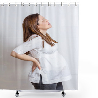 Personality  Pregnant Woman With Strong Pain Massaging Her Back Shower Curtains