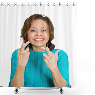 Personality  Mature, Funny Looking Woman Crossing Fingers Shower Curtains