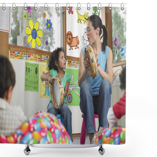 Personality  Teacher Playing Tambourines With Child Shower Curtains