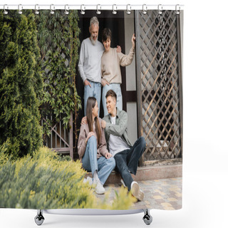 Personality  Cheerful Middle Aged Parents Hugging And Looking At Children Sitting On Porch Of House During Parents Day Celebration At Backyard, Family Traditions And Celebrations Concept Shower Curtains