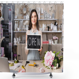 Personality  Smiling Florist Holding Chalkboard With Open Lettering Near Bouquet On Desk With Tools And Decorative Ribbons Shower Curtains
