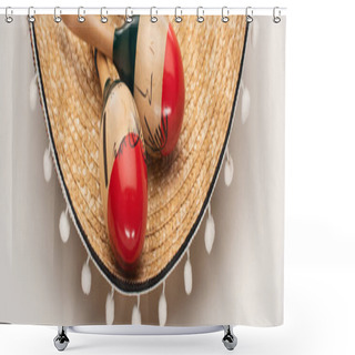 Personality  Close Up View Of Maracas On Sombrero On White Background, Panoramic Shot Shower Curtains