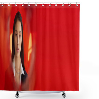 Personality  Stylish Outfit, Fashion Photography, Young Asian Model In White Shirt And Blazer Posing In Gloves Near Red Round Shaped Glass, Grey Background, Looking At Camera, Modern Style, Youth Trend, Banner Shower Curtains