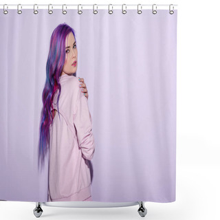 Personality  Sensual Young Woman With Purple Hair On Pink Shower Curtains