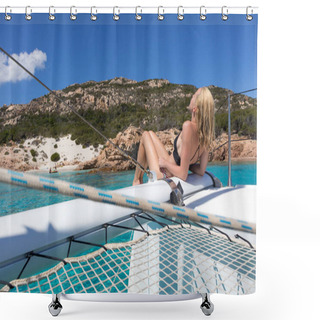 Personality  Woman Relaxing On A Summer Sailing Cruise, Sitting On A Luxury Catamaran Near Picture Perfect White Sandy Beach On Spargi Island In Maddalena Archipelago, Sardinia, Italy. Shower Curtains