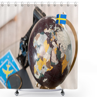 Personality   Air Ticket And Swedish Flag On Globe  Shower Curtains