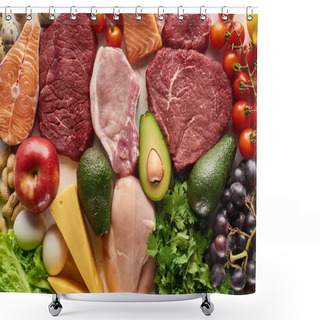 Personality  Top View Of Assorted Raw Meat, Poultry, Fish, Eggs, Vegetables, Fruits, Nuts, Greenery And Cheese  Shower Curtains