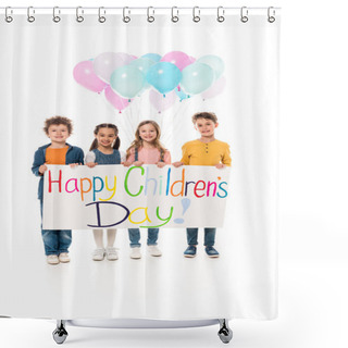 Personality  Full Length View Of Kids Holding Colorful Balloons And Placard On White Shower Curtains