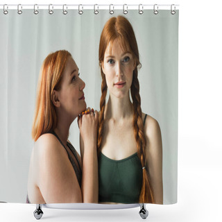 Personality  Plus Size Sportswoman Looking At Redhead Friend Isolated On Grey  Shower Curtains