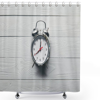 Personality  Top View Of Silver Alarm Clock On Wooden White Background  Shower Curtains