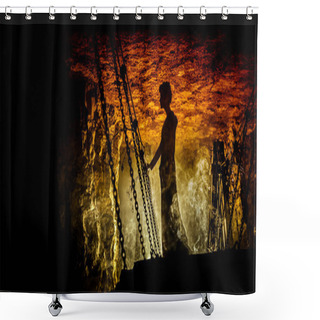 Personality  Silhouette Of A Mysterious Witch On The Suspension Bridge With Clouds Of Smoke Around Her. Shower Curtains