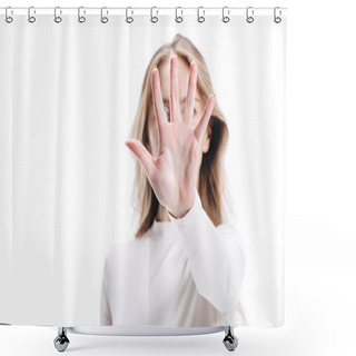 Personality  Selective Focus Of Blonde Woman Showing Stop Sign Isolated On White Shower Curtains