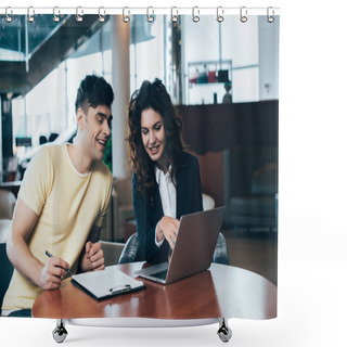 Personality  Smiling Customer And Car Dealer Seating At Table In Car Showroom Shower Curtains