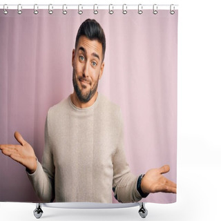 Personality  Young Handsome Man Wearing Casual Sweater Standing Over Isolated Pink Background Clueless And Confused Expression With Arms And Hands Raised. Doubt Concept. Shower Curtains