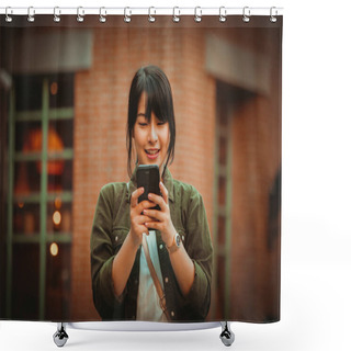 Personality  Asian Woman Using Smartphone With Happy Mood In Shopping Mall Shower Curtains