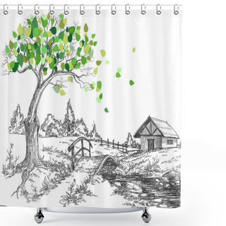 Personality  Green Leaves Spring Tree, Rural Landscape, Bridge Over River Shower Curtains