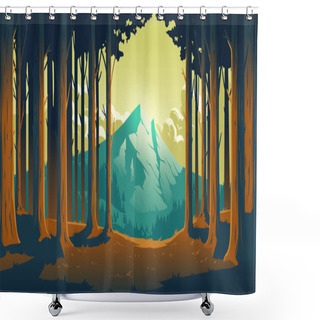 Personality  Cartoon Nature Landscape With Mountain And Forest Shower Curtains