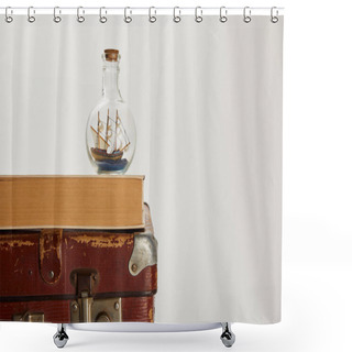 Personality  Toy Ship In Glass Bottle And Book On Brown Suitcase With Copy Space  Shower Curtains