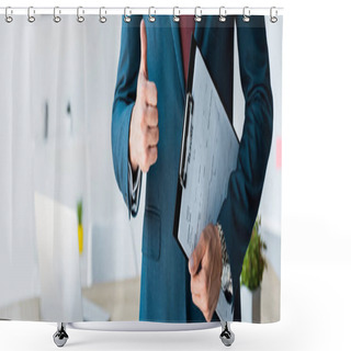 Personality  Panoramic Shot Of Recruiter Standing And Holding Clipboard With Resume Letters While Showing Thumb Up Shower Curtains