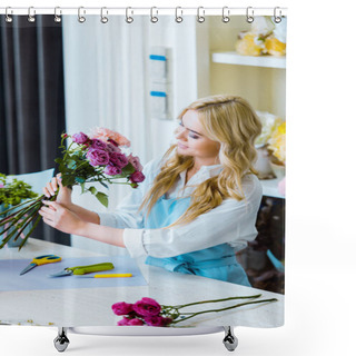 Personality  Beautiful Female Florist Arranging Bouquet In Flower Shop Shower Curtains