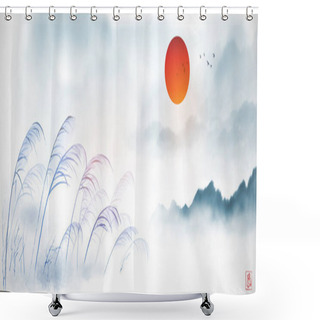 Personality  Leaves Of Grass On The Wind, Red Sun And Misty Forest Mountains. Traditional Oriental Ink Painting Sumi-e, U-sin, Go-hua. Translation Of Hieroglyph - Wind Shower Curtains