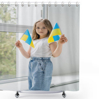 Personality  Patriotic Girl With Small Ukrainian Flags Standing Near Window And Looking At Camera Shower Curtains