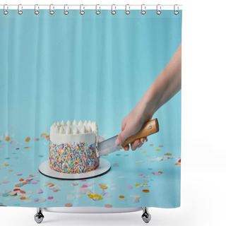 Personality  Cropped View Of Woman Cutting Delicious Cake On Blue Background Shower Curtains