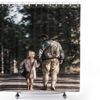Personality  Back View Of Kid Holding Hands With Man While Standing On Road, Post Apocalyptic Concept Shower Curtains