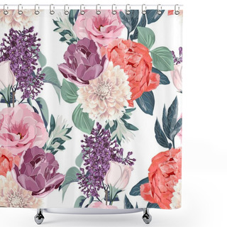 Personality  Floral Seamless Pattern With Pink Eustoma, Tulips, Anemones, Spring Flowers And Leaves. Spring Blooming Flowers Background. Shower Curtains