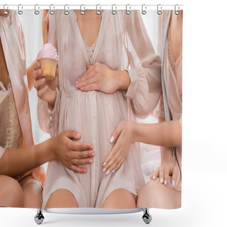 Personality  Cropped View Of Girlfriends Touching Belly Of Young Pregnant Woman Holding Pink Cupcake On Baby Shower  Shower Curtains