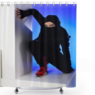 Personality  Ninja In Black Clothing With Katana Behind Standing On White Block Isolated On Blue Shower Curtains