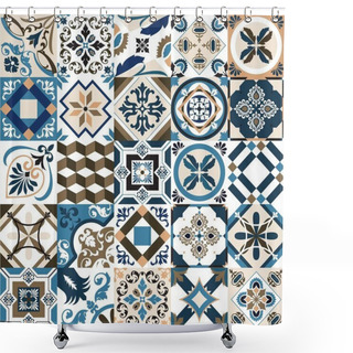 Personality  Lisbon Geometric Azulejo Tile Vector Pattern, Portuguese Or Spanish Retro Old Tiles Mosaic, Mediterranean Seamless Turquoise And Yellow Design. Ornamental Textile Background Shower Curtains
