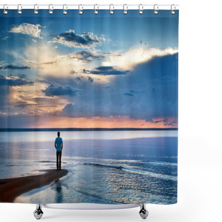 Personality  Alone Man At Sea In Sunset Shower Curtains