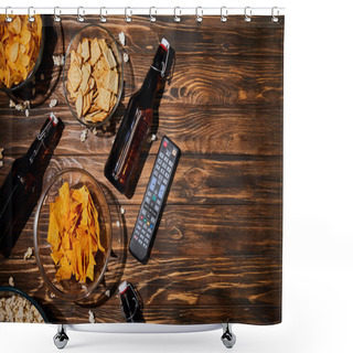 Personality  Top View Of Snacks Near Bottles With Beer And Remote Control On Wooden Table Shower Curtains