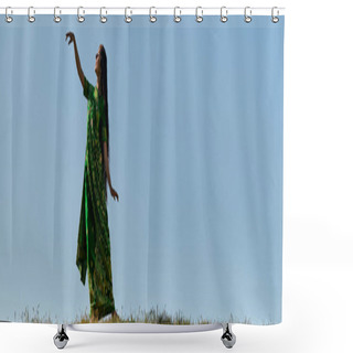 Personality  Young Indian Woman In Traditional Sari In Green Field Under Blue And Clear Sky, Summer, Banner Shower Curtains