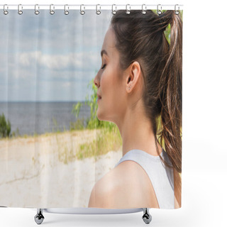Personality  Young And Brunette Woman With Closed Eyes Meditating Near Ocean Shower Curtains